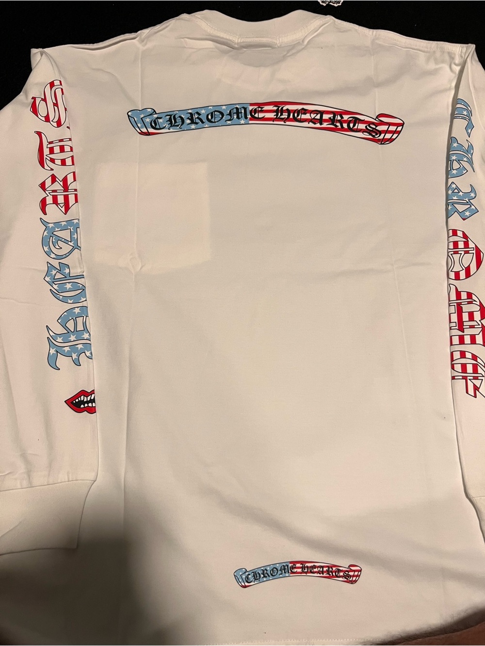Chrome Hearts White Long Sleeve Tee with Red & Blue Flag Graphics